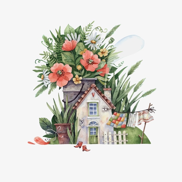 Wiejski dom z dachówką i akwarelą z kwiatowym ogrodem