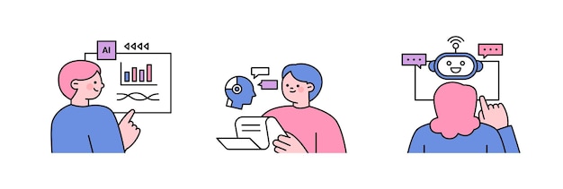 Wiek sztucznej inteligencji spotyka technologię Biznesowa ilustracja koncepcyjna z ludźmi i ikonami Roboty, rozmowy i dane