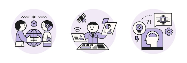 Wiek sztucznej inteligencji spotyka technologię Ilustracja koncepcji biznesowej z ludźmi i ikonami Globalne spotkanie i analiza danych