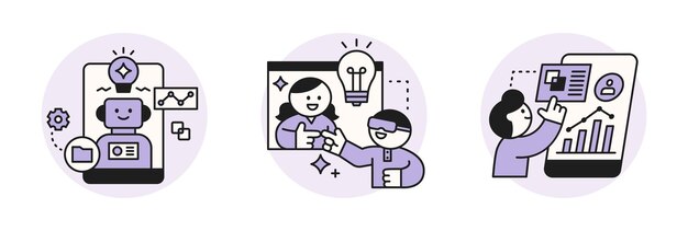 Wiek sztucznej inteligencji spotyka technologię Ilustracja koncepcji biznesowej z ludźmi i ikonami Ludzie analizujący dane i dzielący się pomysłami