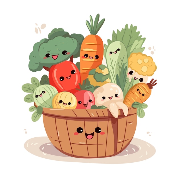 Wiele różnych zabawnych warzyw w stylu kawaii w ilustracji wektorowej kosza