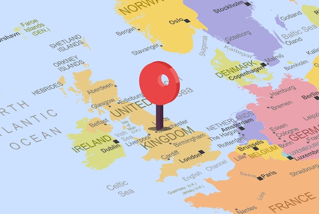 Wielka Brytania Z Czerwonym Symbolem Zastępczym Lokalizacji Na Mapie Europy, Zbliżenie Wielka Brytania, Kolorowa Mapa