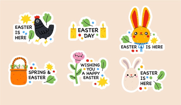 Plik wektorowy wielkanocne elementy doodle wiosna. królik, kwiaty i kurczaki, słodkie symbole wielkanocne. wakacje