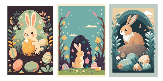 Wielkanocne kartki z uroczymi króliczkami płaskie kreskówka wektor ilustracja