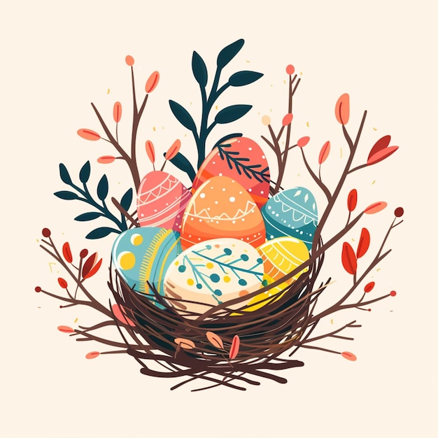 Wielkanocne Kolorowe Ozdobione Jajka W Gnieździe Ptaków W Płaskim Stylu Kreskówki