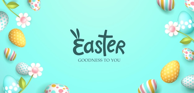 Wielkanocny Baner Z Ramą Jajek Wielkanocnych I Wiosennymi Kwiatami Na Pastelowym Kolorze