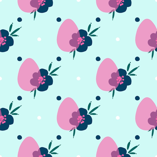 Wielkanocny bezszwowy powtarzający się wzór z różowymi jajkami i kwiatami na błękitnym tle Tło lub tekstura dla tapet tkaninowych odzież tekstylna owijanie scrapbooking tagi okładka karty zaproszenie