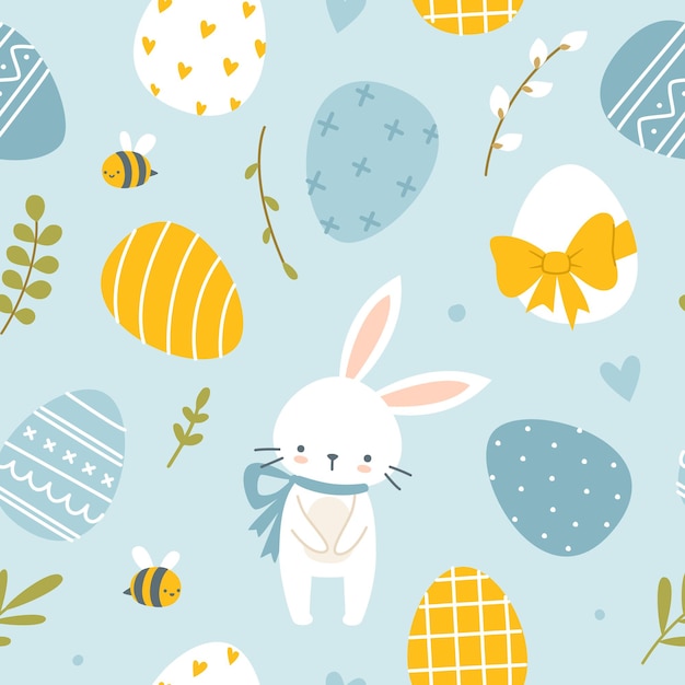 Wielkanocny Doodle Wzór Z Króliczkiem Malowanym Jajkiem I Pszczołą Dziecko Bez Szwu Drukuj Na Tekstylny Papier Przedszkolny Tkaniny