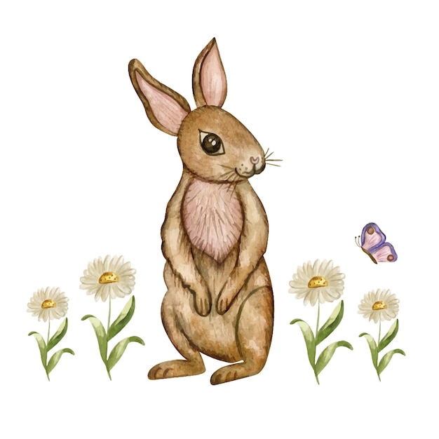 Plik wektorowy wielkanocny króliczek akwarela z kwiatami rumianku i motylem śliczna ręcznie rysowana ilustracja królika