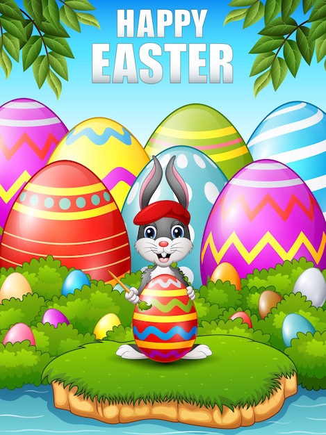 Wielkanocny królik maluje Easter jajko w drewnach blisko rzeki