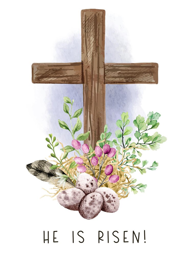 Wielkanocny krzyż chrześcijański z zielonymi paprociami, jajami i piórami, dekoracje wielkanocne, ręcznie rysowane akwarela ilustracja