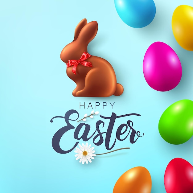 Wielkanocny plakat i szablon transparentu z jajkami wielkanocnymi i czekoladowym króliczkiem