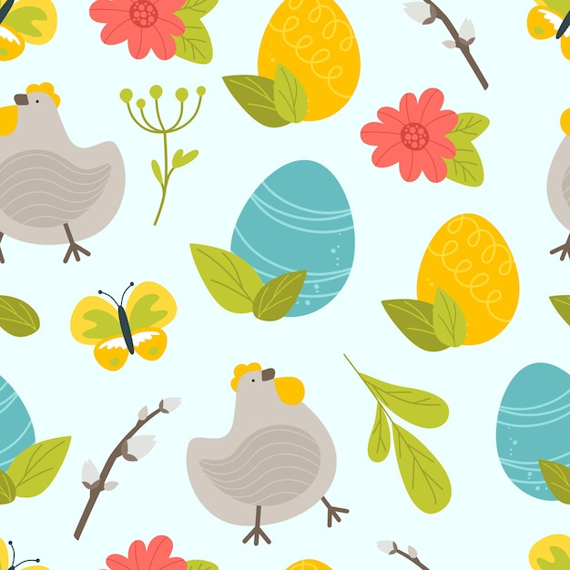 Wielkanocny Wzór Z Ciastem Jaj I Kurczaka Na Niebieskim Tle Ilustracja Wektorowa W Mieszkaniu