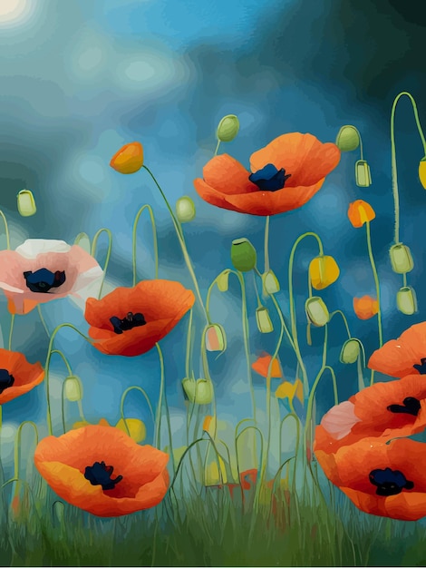 Wielobarwne Kwiaty Maku Kwitną W Trawie Transparent Wektor Ilustracja Na Tle Błękitnego Nieba Wiosna