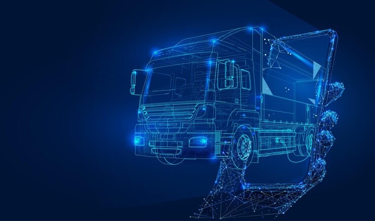 Wektor wieloboczna ciężarówka 3d ze smartfonem w ciemnoniebieskim tle. usługa dostarczania ładunków online, logistyka.
