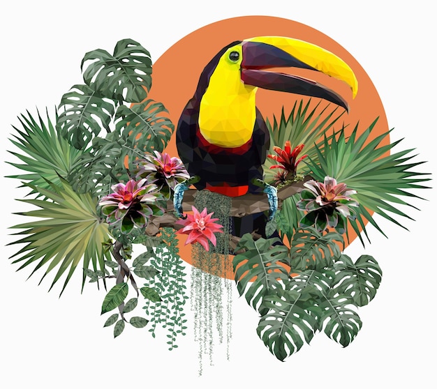 Plik wektorowy wieloboczne ilustracja tukan i rośliny leśne.