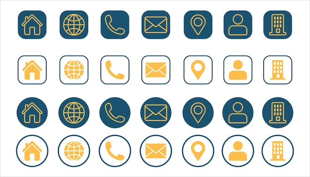 Wielofunkcyjny zestaw ikon kontaktów Elementy projektowania aplikacji internetowej z Home Globe Phone Email Location Person Building symbolami w różnych kształtach i kolorach
