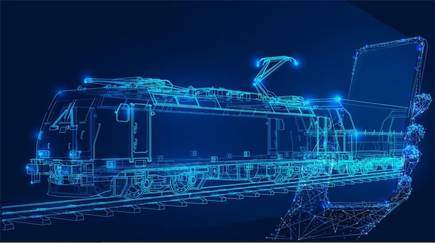 Plik wektorowy wielokątny 3d electro pociąg towarowy ze smartfona w ciemnoniebieskim tle. dostawa ładunku online.