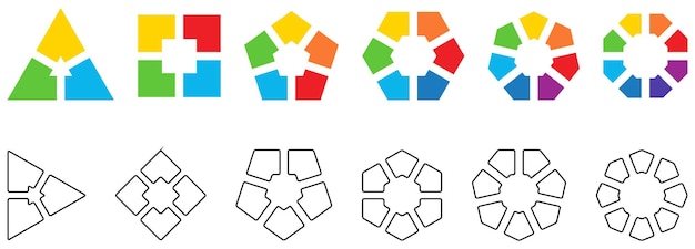 Wielokąty podzielone na równe części, pusta przestrzeń w środku. Wersja z trzema do ośmiu segmentów, czarno-biała i kolorowa, również z zaokrąglonymi narożnikami, prosty element infografiki