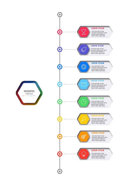 Wielokolorowe Sześciokątne Elementy Z Cienkimi Ikonami Linii W Szablonie Infografiki Pionowej Osi Czasu