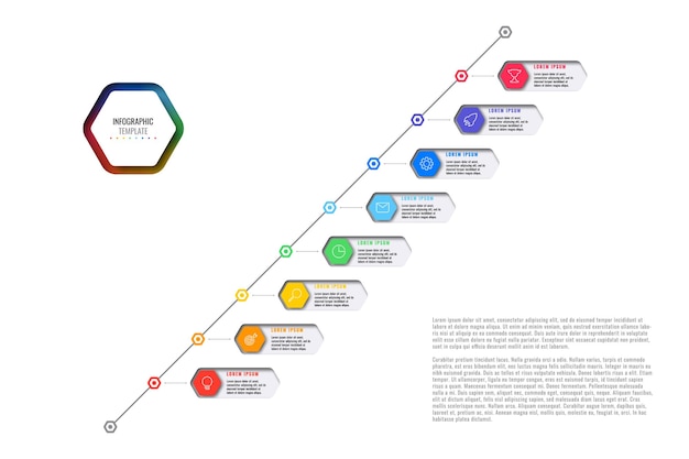 Plik wektorowy wielokolorowe sześciokątne elementy z cienkimi ikonami linii w szablonie infografiki ukośnej osi czasu