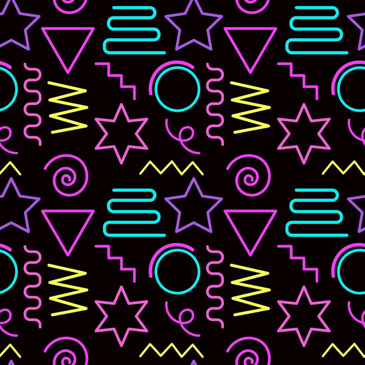 Wektor wielokolorowy abstrakcyjny wzór bez szwu, żywe kształty i geometryczne wzory kropek. modny design z lat 90