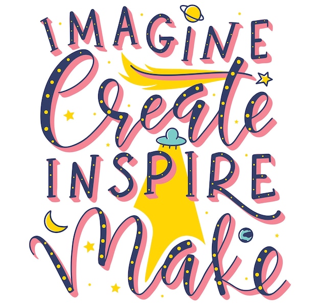 Plik wektorowy wielokolorowy tekst imagine create inspire make colored doodle and lettering