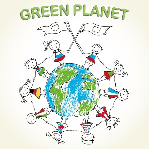 Plik wektorowy wielokulturowe dzieci na zielonej planecie ziemia ilustracja wektorowa