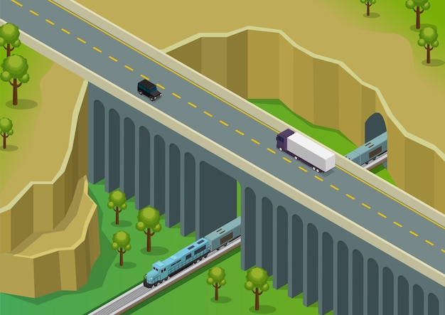 Plik wektorowy wielopoziomowe skrzyżowanie autostrad z liniami kolejowymi