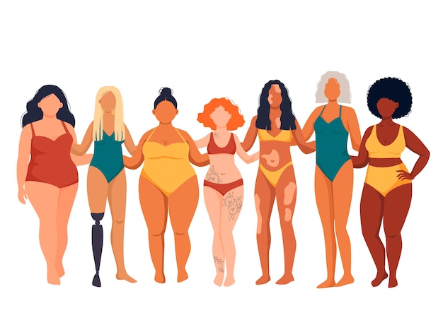 Plik wektorowy wielorasowe kobiety o różnym wzroście i figurze w strojach kąpielowych stojące w rzędzie kobiece postacie z kreskówek pozytywny ruch ciała i różnorodność piękna