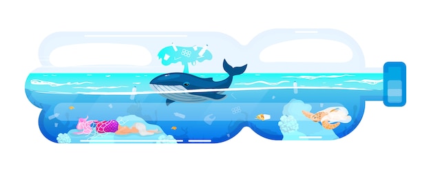 Wieloryb i odpady w ikona koncepcja plastikowej butelki. Problem zanieczyszczenia środowiska. Morskie zwierzę i śmieci w wodzie morskiej naklejka, clipart. ilustracja kreskówka na białym tle