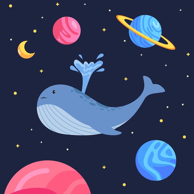Plik wektorowy wieloryby latają w kosmosie, obserwują planetę kosmiczną astronomię, wyobraźnię, kapryśną dziecięcą ilustrację