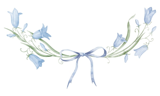 Wieniec kwiatowy z kwiatów dzwonkowych Ręcznie narysowana akwarela Ramka z dzwonkami niebieskimi na izolowanym tle Botaniczne okrągłe tło z dzikimi dzwonkami w pastelowych kolorach na zaproszenia ślubne