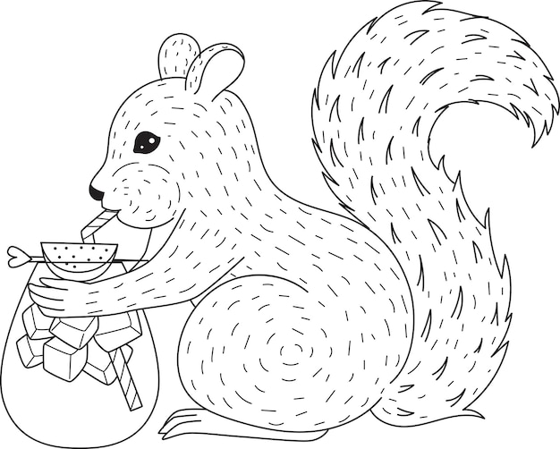 Plik wektorowy wiewiórka pije koktajl dla kolorowanka, kolorowanki. ilustracja