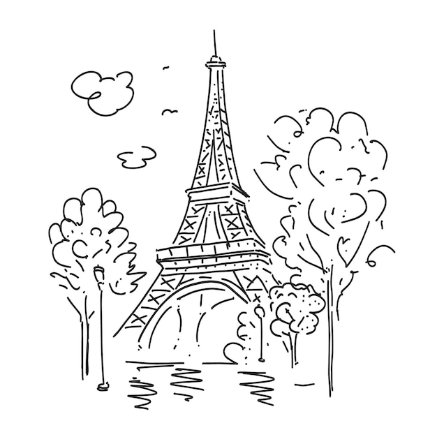 Plik wektorowy wieża eiffla w krajobrazie miejskim drzewa i latarnie symbol francji ilustracja wektorowa w linii