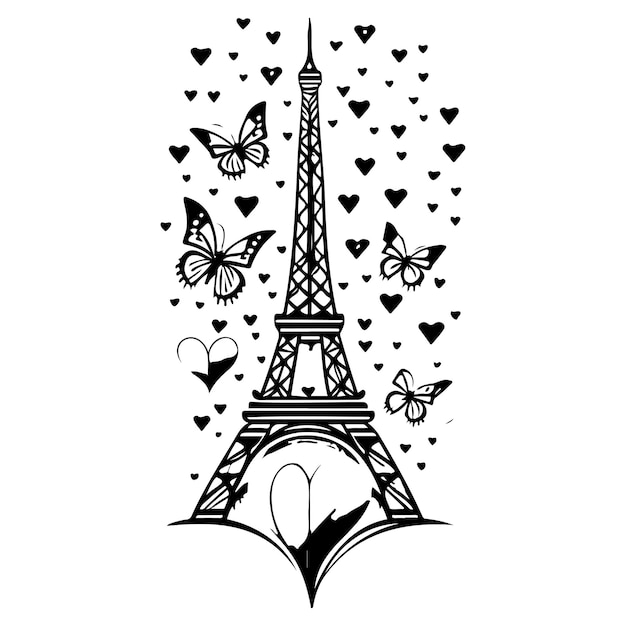 Wieża Eiffla z motylem miłość serce walentynka ilustracja rysunek ręczny