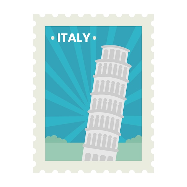 Wieża W Pizie Na Białym Tle Na Tle Niebieskich Promieni Dla Projektu Znaczka Włoskiego Lub Biletu