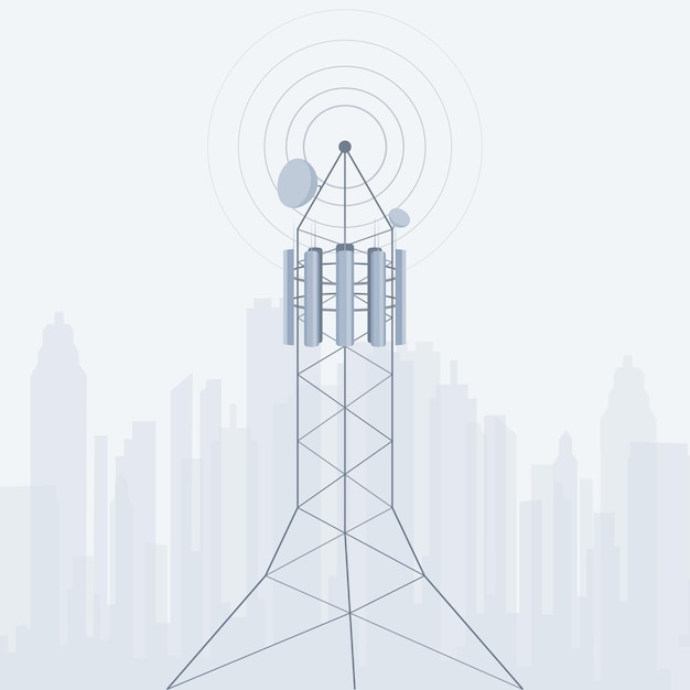 Plik wektorowy wieże telekomunikacyjne antena przemiennika komunikacji telefonu komórkowego vector flat illustration