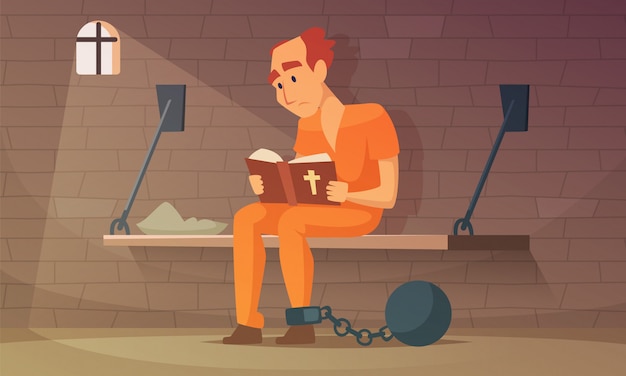 Więzień Siedzi W Celi I Czyta Biblię. Wektor Facet Rabuś, Ilustracja Osoby Przestępczej W Więzieniu
