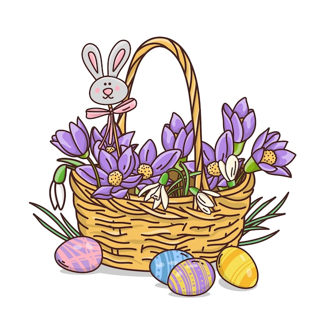 Plik wektorowy wiklinowy kosz w stylu doodle z pierwszymi wiosennymi kwiatami i jajkami wielkanocnymi