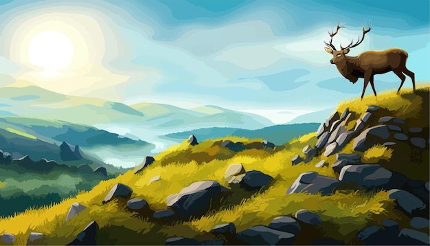 Plik wektorowy wiosenna ilustracja krajobrazu gór, jelenia pod niebem i góry w mgle, renifery z rogami