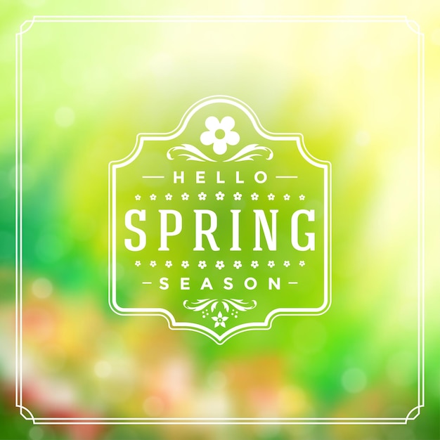 Wiosenna Odznaka Wektor Typograficzny Projekt Kartkę Z życzeniami Wiosna Niewyraźne Tło I Kwiaty Eps 10
