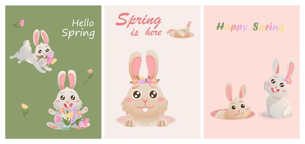 Wiosenne Karty Z Pozdrowieniami Z Kwiatami Cute Bunny Zestaw Znaków Wektora Królika Zwierzęca Dzika Przyroda Wakacje Kreskówek