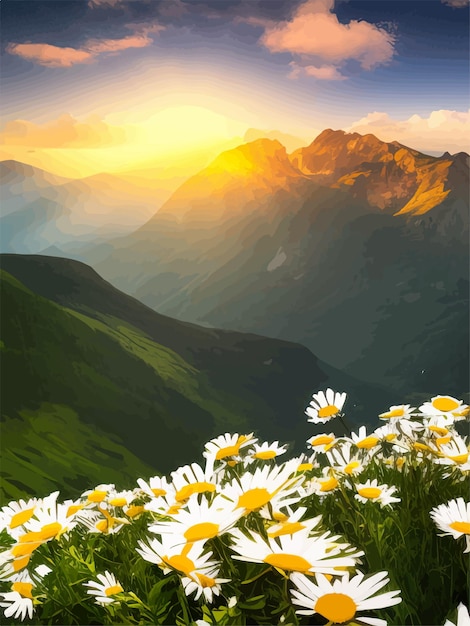 Plik wektorowy wiosenny krajobraz pola maku na tle góry z ilustracją wektorową dzikiej przyrody na zachodzie słońca