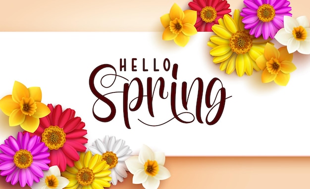 Wiosenny szablon kwiatowy wektor Przywitaj wiosnę powitanie tekstu w białej przestrzeni transparentu z kolorowymi