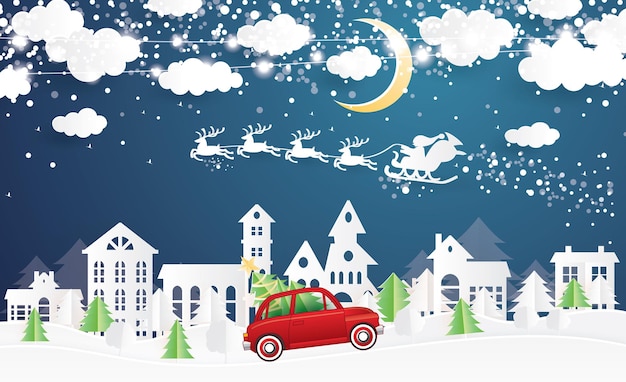 Plik wektorowy wioska bożonarodzeniowa i święty mikołaj w saniach w stylu cięcia papieru. czerwona ciężarówka nosić choinkę. zimowy krajobraz z księżycem i chmurami. ilustracja wektorowa. wesołych świąt i szczęśliwego nowego roku.
