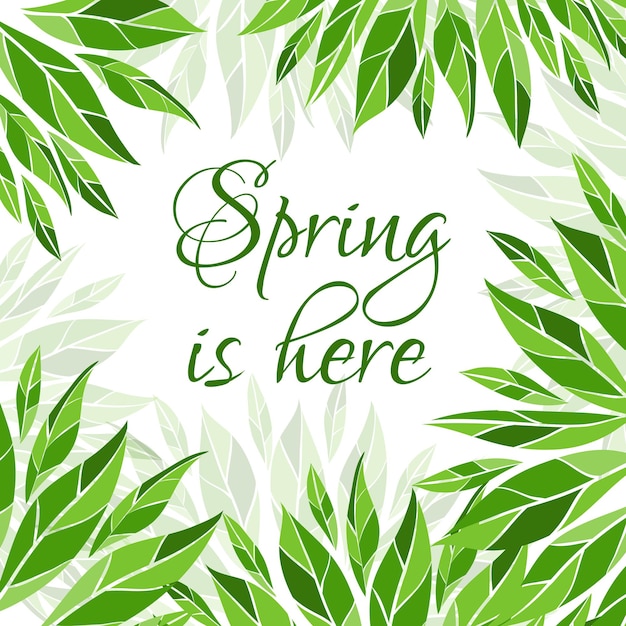 Plik wektorowy wiosna jest tutaj karta karta wektorowa z ramką z zielonymi liśćmi