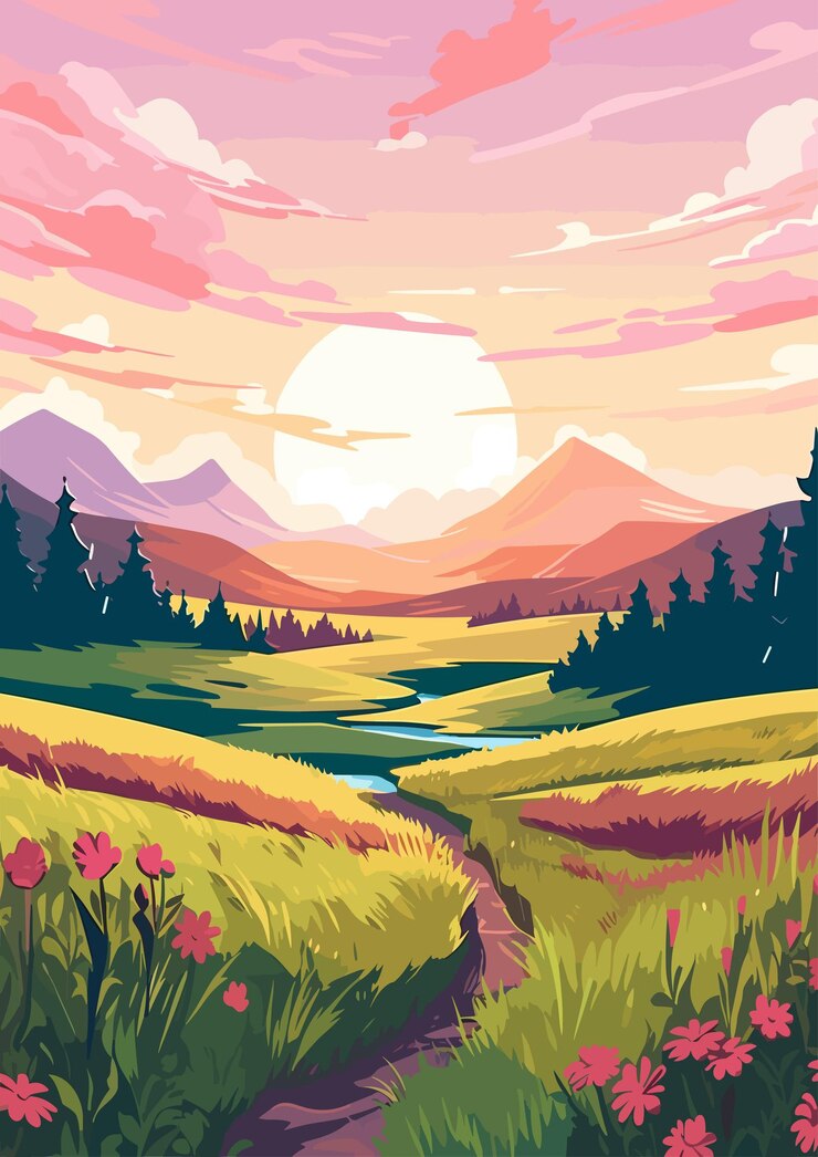 Wektor wiosna krajobraz kreskówka kolorowy płaski wektor ilustracja