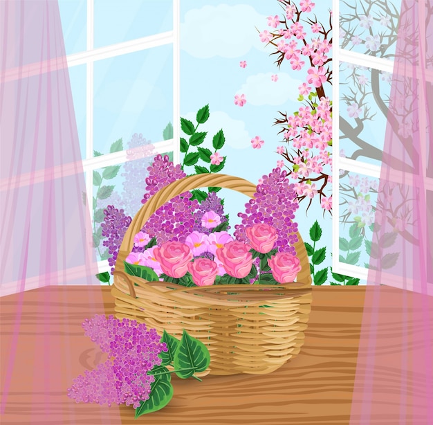 Plik wektorowy wiosna kwitnie kosz przy okno ilustracją