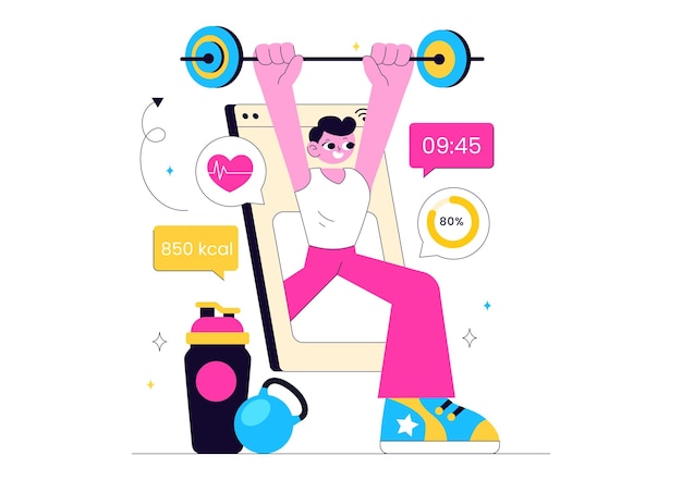 Wirtualna ilustracja aplikacji fitness przedstawiająca ludzi korzystających z zajęć online za pomocą aplikacji mobilnej w celu promowania dobrego samopoczucia i zdrowego stylu życia